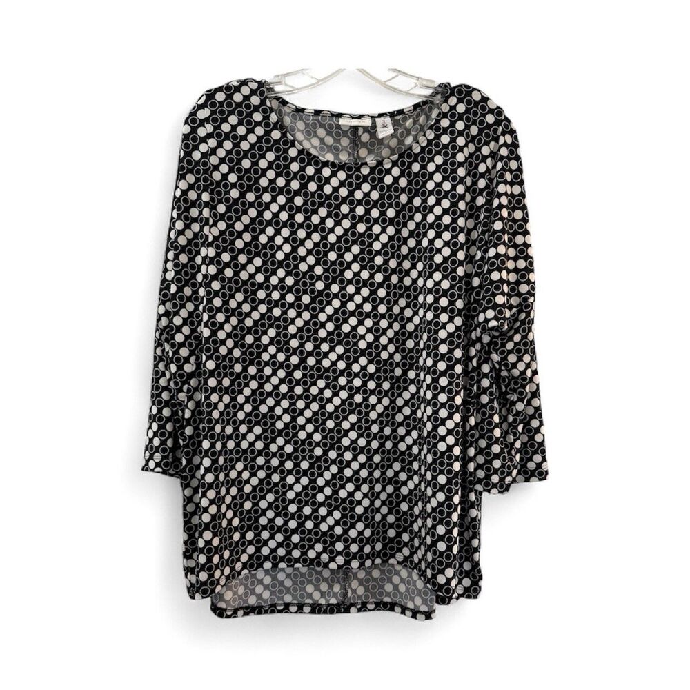 CHICOS Top Womens Size XL Black White Circles Polka Dot Stretch Shirt 3/4 Sleeve